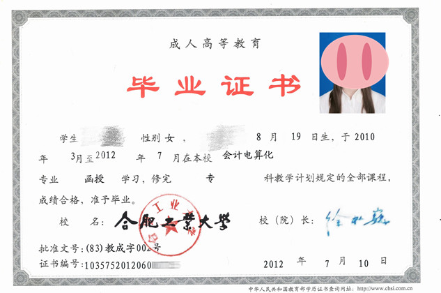 合肥工业大学函授本科毕业证样本