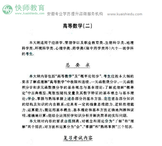 2019年安徽成人高考专升本高等数学二考试大纲_01