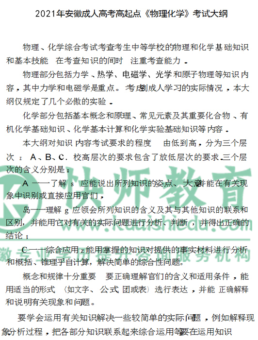 2021安徽成人高考高起点理化综合考试大纲